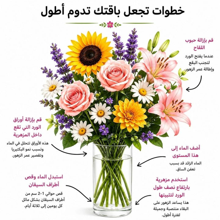 Arabic cut flower care guide with water, trimming and vase instructions, from Sharbatly.