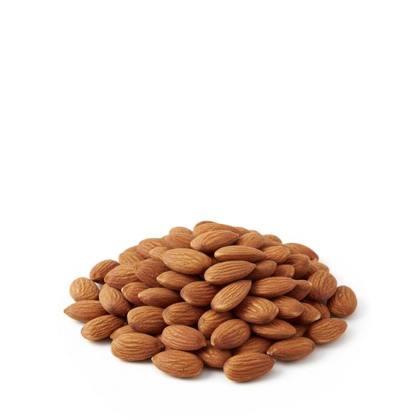Roasted almonds in a 0.25 kg pack from Fresh Nuts, close-up of golden-brown nuts in a clear container.