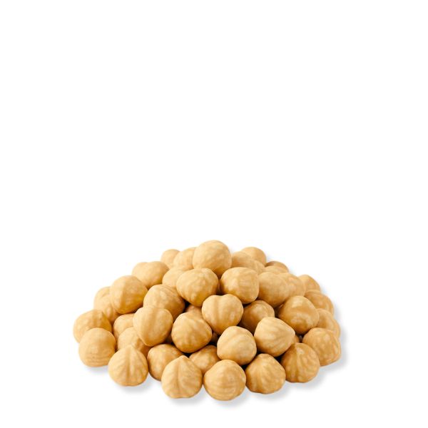 Roasted hazelnuts in a 0.25 kg pack from Fresh Nuts, with close-up of shiny, golden-brown nuts suitable for snacking or baking.