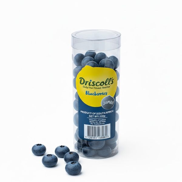 Juicy jumbo blueberries from Driscoll's in a 0.2kg pack, displayed in a clear container with fresh, ripe berries.