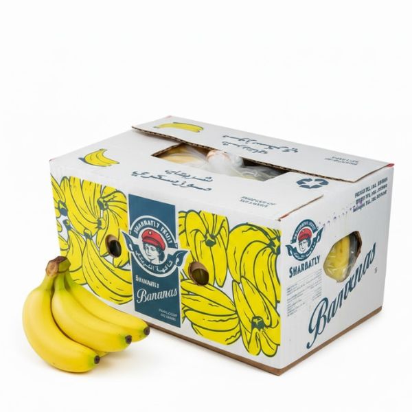 Baby-sized Bananas from Sharbatly in a 3 kg carton, fresh and ripe fruit ready for eating or cooking.