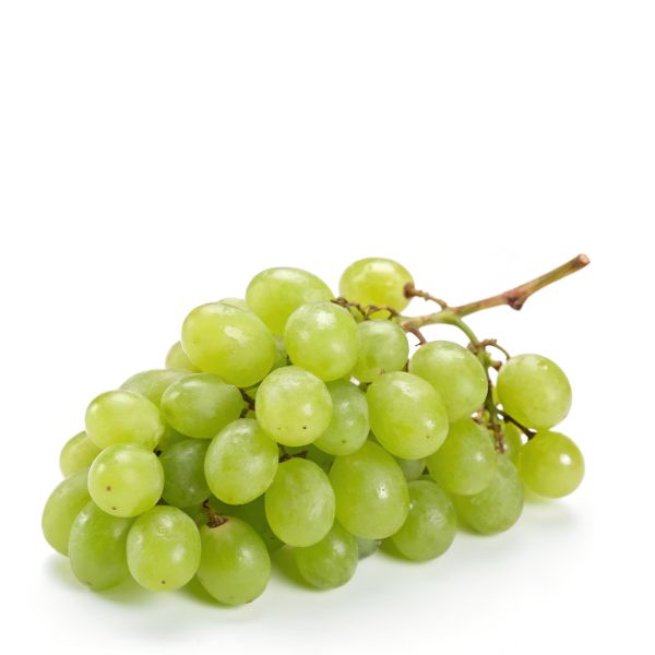 White seedless grapes from Sharbatly in a 0.5 kg pack, fresh and ripe with green grapes on a white background.
