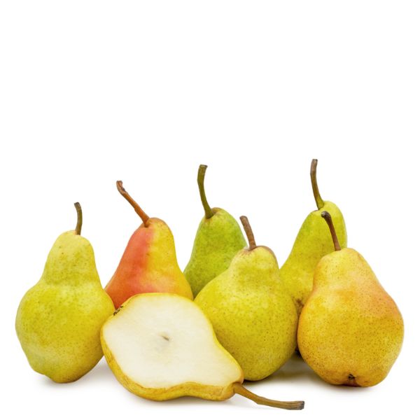 Fresh William pears from B.C. in a 1 kg pack, displayed in a clear container, showcasing their ripe, green fruit.