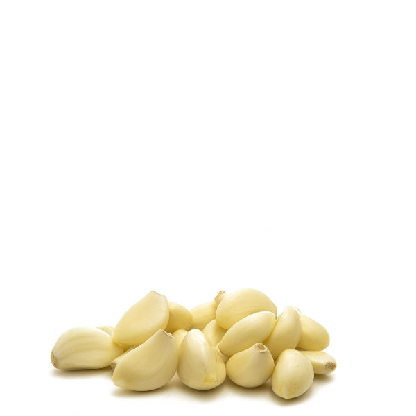 Peeled garlic cloves in a 1 kg pack from Sharbatly, fresh and ready for cooking, shown in a clear image.