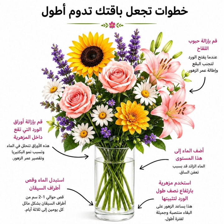 Arabic mixed flower care guide with water, trimming and vase instructions, from Sharbatly.