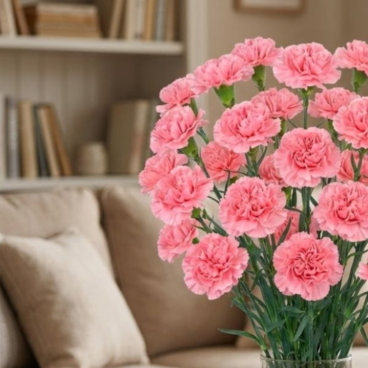 19 stems of pink carnations from SQ Flora Kenya, featuring vibrant Jodie-Pink flowers arranged in a bouquet.