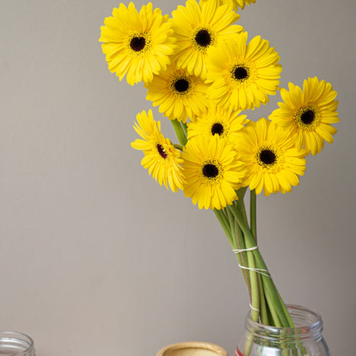 Bright yellow Prince Gerbera flowers from Fresh Flower Holland, arranged in a bouquet with 10 vibrant stems.