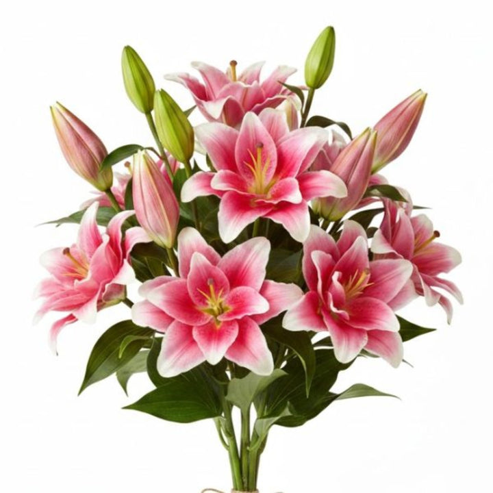 Bouquet of 10 Oriental scented lilies with double petals from Fresh Flower Holland, arranged in a natural floral display.