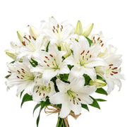 White Oriental lilies in a bouquet with five stems, scented and fresh, arranged by Dutch floral experts.