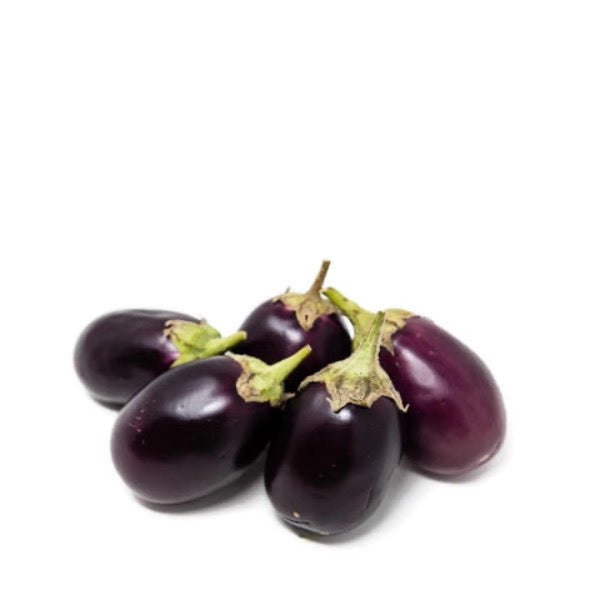 Fresh baby eggplants from Local Market, 1 kg pack, showcasing small, glossy purple vegetables on a white background.