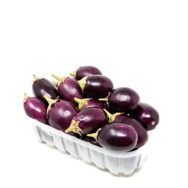 Fresh baby eggplants from Local Market, 1 kg pack, showing small, shiny, purple vegetables perfect for cooking or salads.