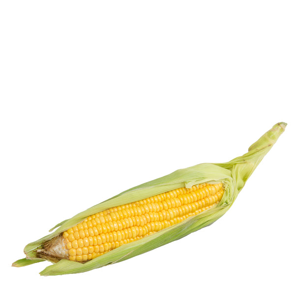 Fresh yellow corn on the cob from Local Market, showcasing bright kernels and green husk in a close-up vegetable image.