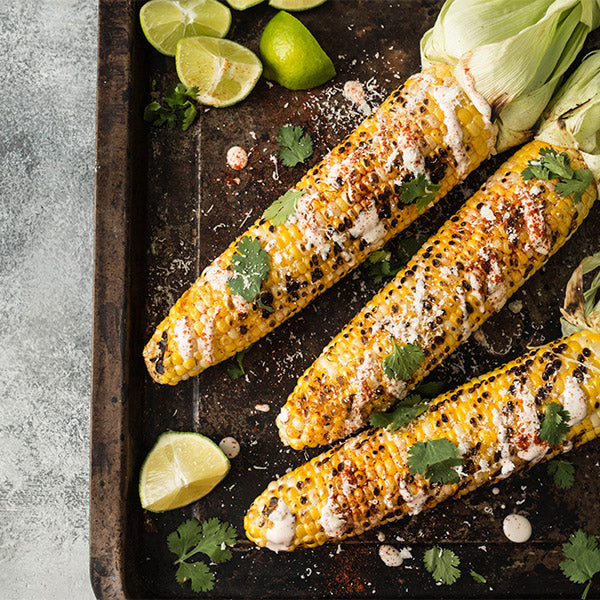 Two fresh corn on the cob pieces from Holland, vibrant yellow kernels, arranged on a white background.