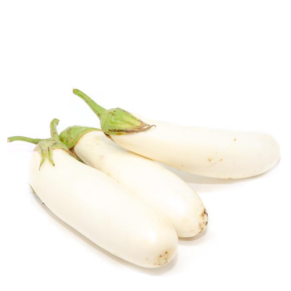 Fresh white eggplants from Local Market, 1 kg pack, showcasing smooth, shiny skin and vibrant color.