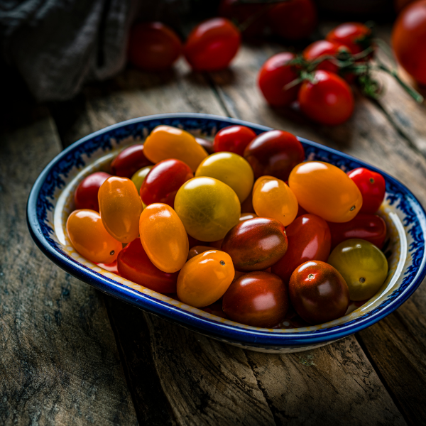 Mixed baby tomatoes from Sharbatly Carnival, fresh vegetable pack showing vibrant red and orange cherry tomatoes.