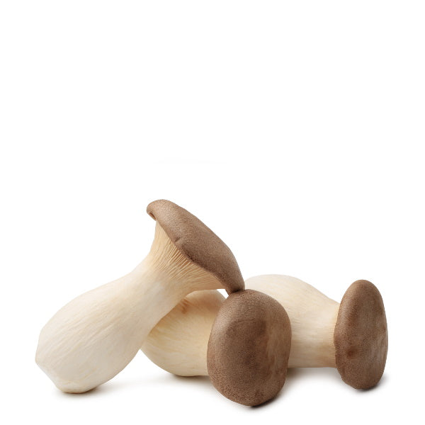 Fresh king oyster mushrooms from U.A.E., 0.4 kg pack, showing white stems and large caps, ideal for cooking and culinary uses.