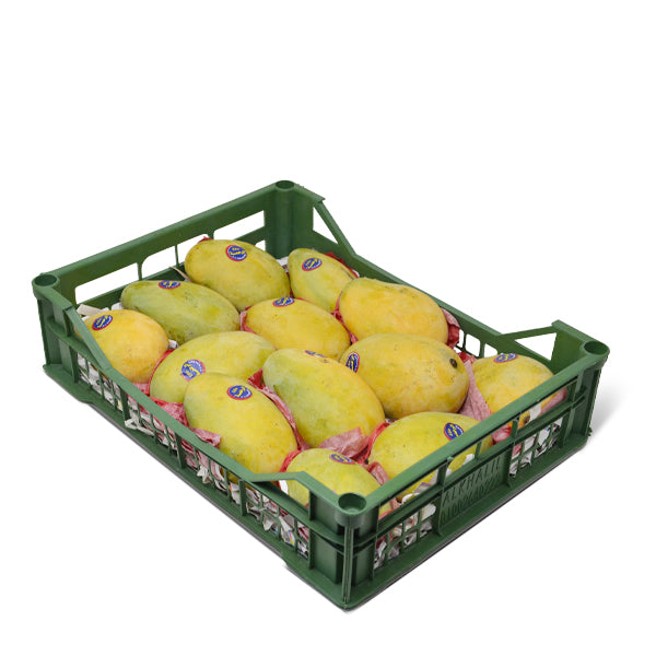 Fresh mangoes from Local Market in a 3 kg carton, showcasing ripe, yellow mangoes ready for sale.