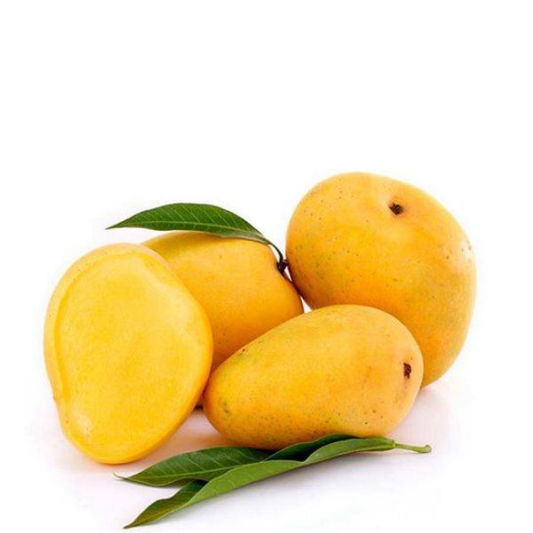 Fresh Badami mangoes in a 3 kg carton from Local Market, showcasing ripe, juicy yellow mangoes ready to eat.