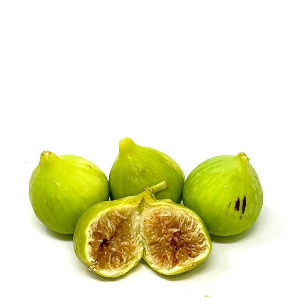 Fresh white figs from Sharbatly in a 1 kg carton, showcasing ripe, juicy fruit with green stems and smooth white skin.